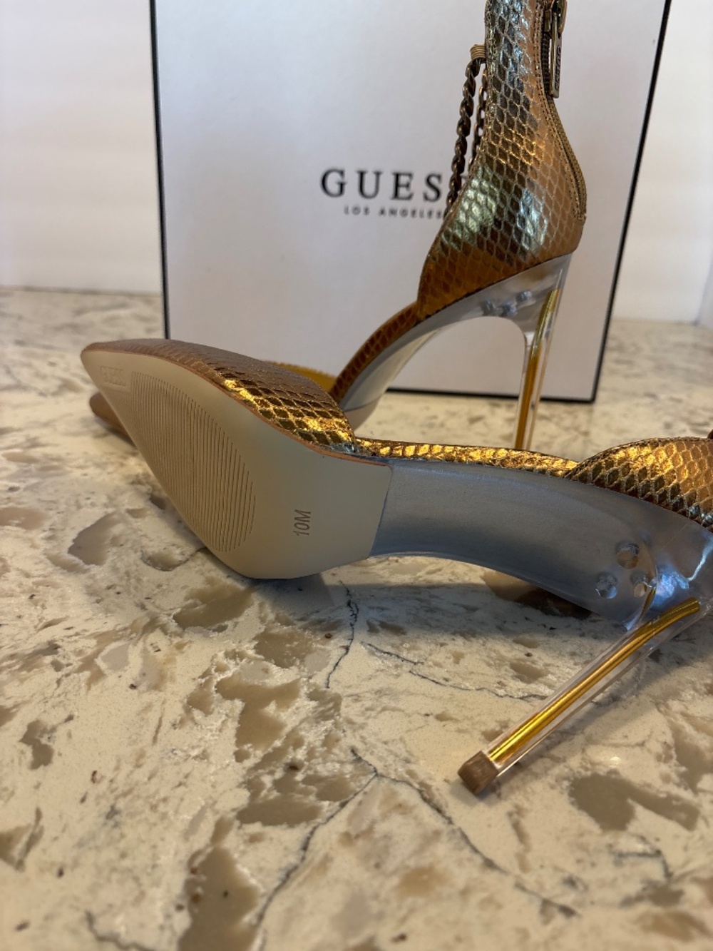 EUC Guess Women’s Stefany Heels Bronze Snake Print Chain Link Ankle 10 M - Picture 5 of 6